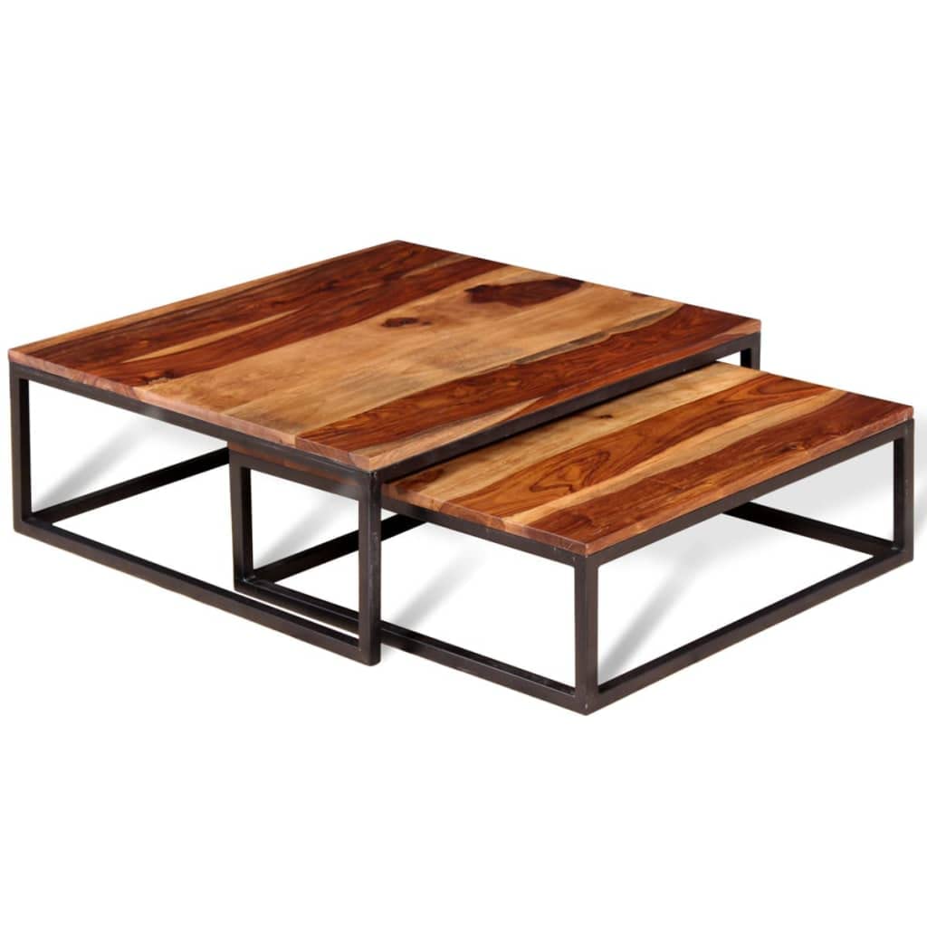 Solid Sheesham Wood Nesting Coffee Tables Set of 2 Metal Frame V660567