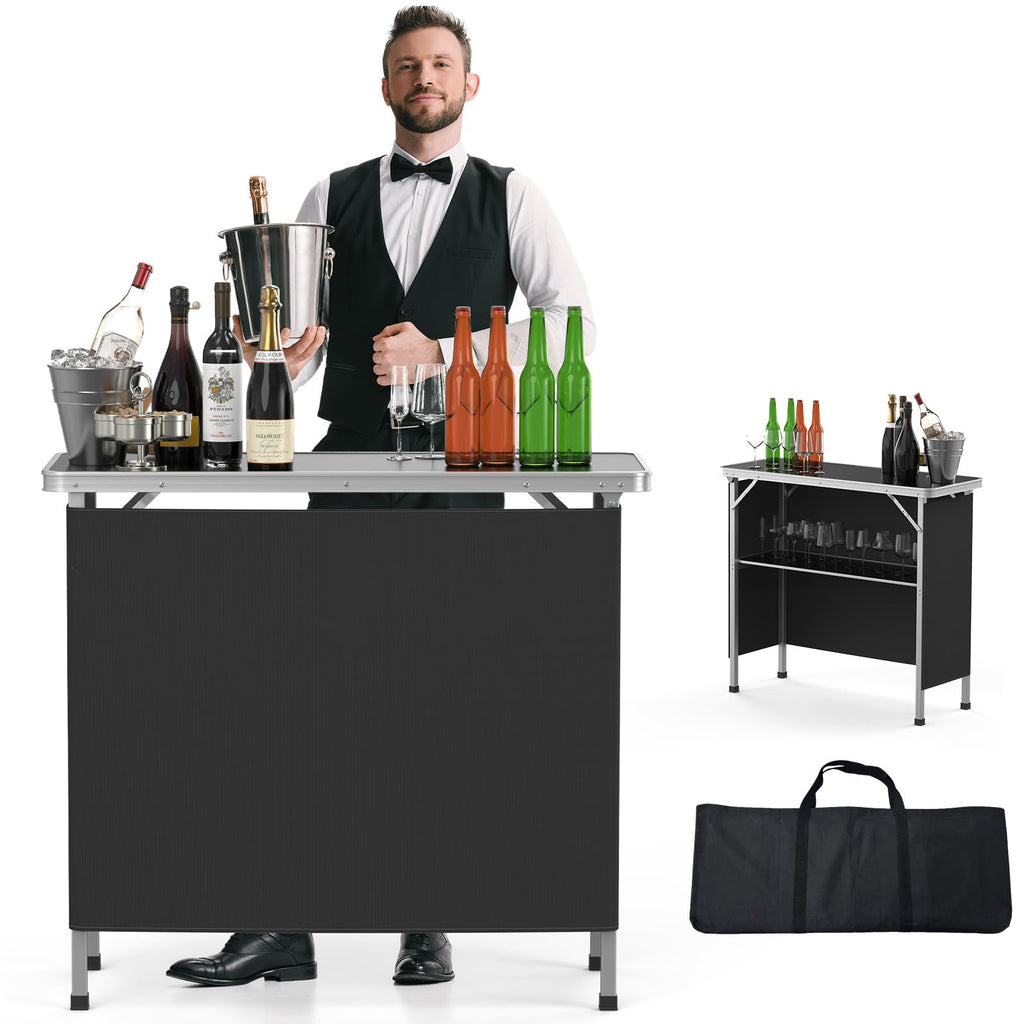 Portable 2-Tier Mobile Bar Table with Black Skirt Y224828
