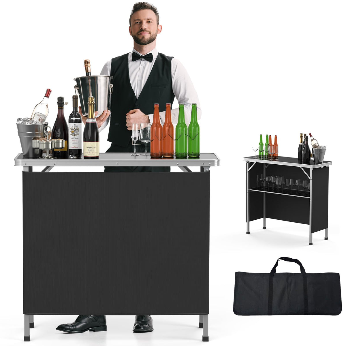 Portable 2-Tier Mobile Bar Table with Black Skirt Y224828