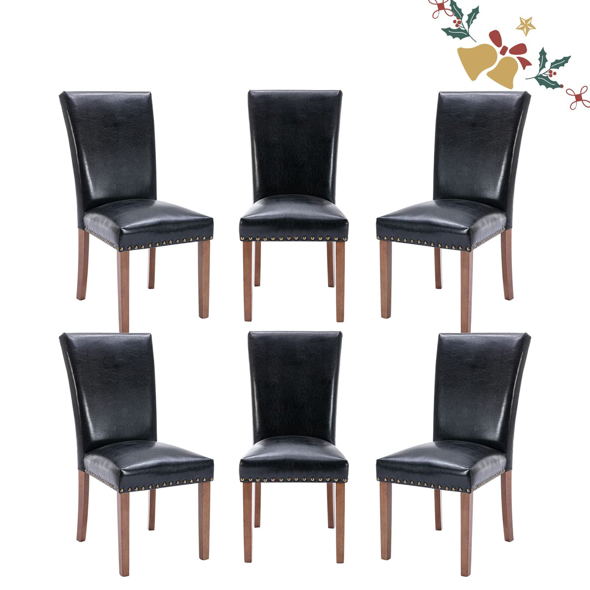 Black Upholstered Dining Chairs Set of 6 with Wood Legs V41692