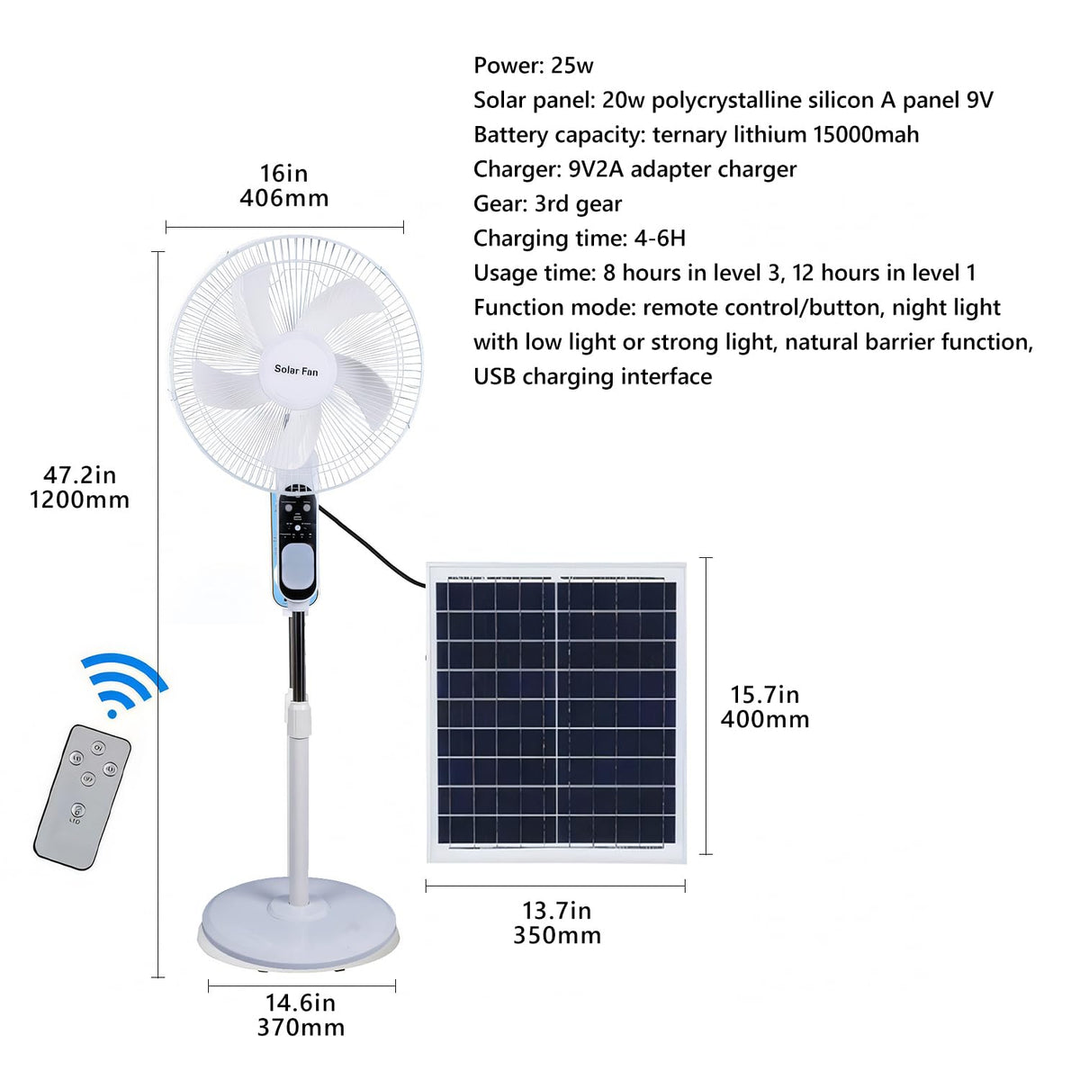 16in Solar Vertical Fan with Remote Control V30690