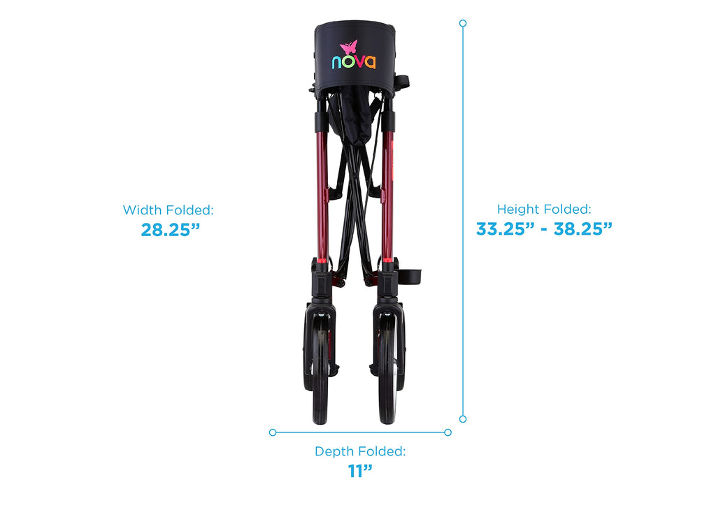 Red Compact Foldable Rollator Walker with Cane Holder Y931