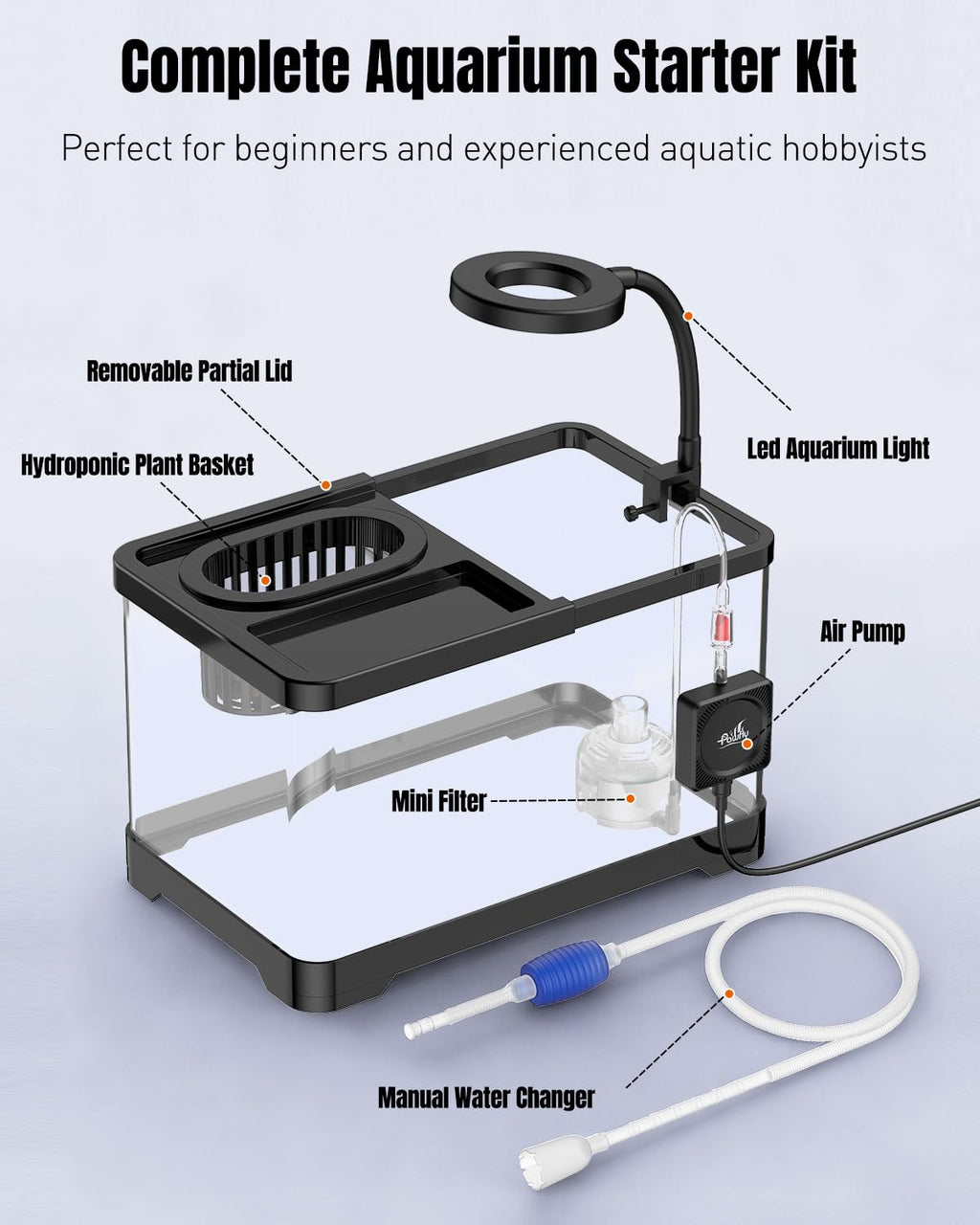 2 Gallon Ultra Clear Aquarium Starter Kit with LED Light, Air Pump, Filter K635
