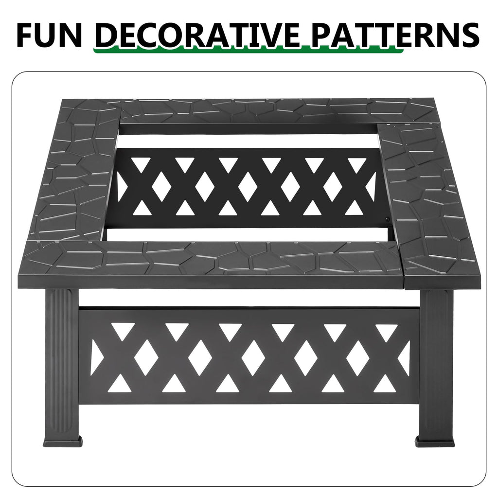 32 Inch Square Wood Burning Fire Pit Table with Spark Screen Lid and Fire Poker Q150046