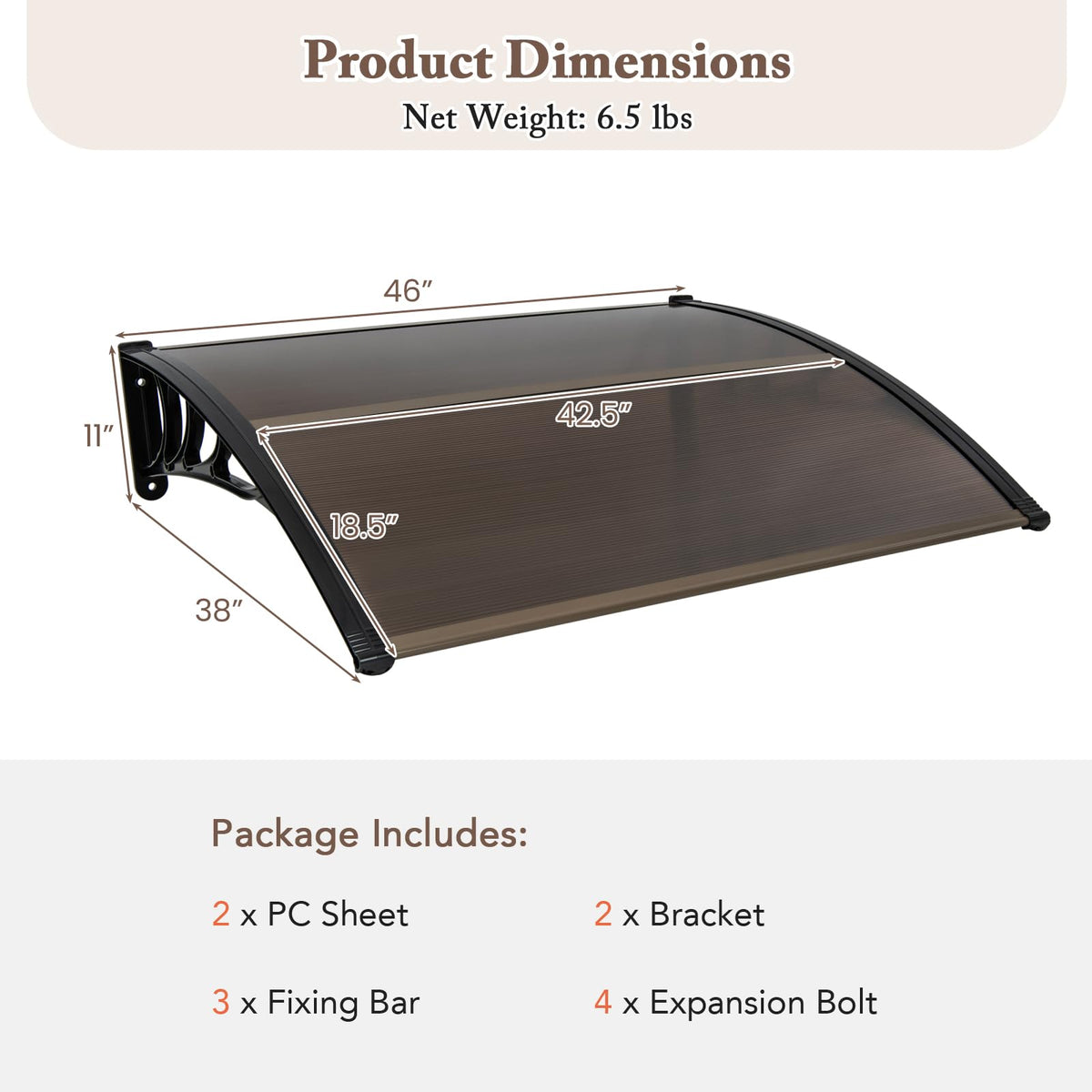 46" x 38" Polycarbonate Door Awning Canopy O916