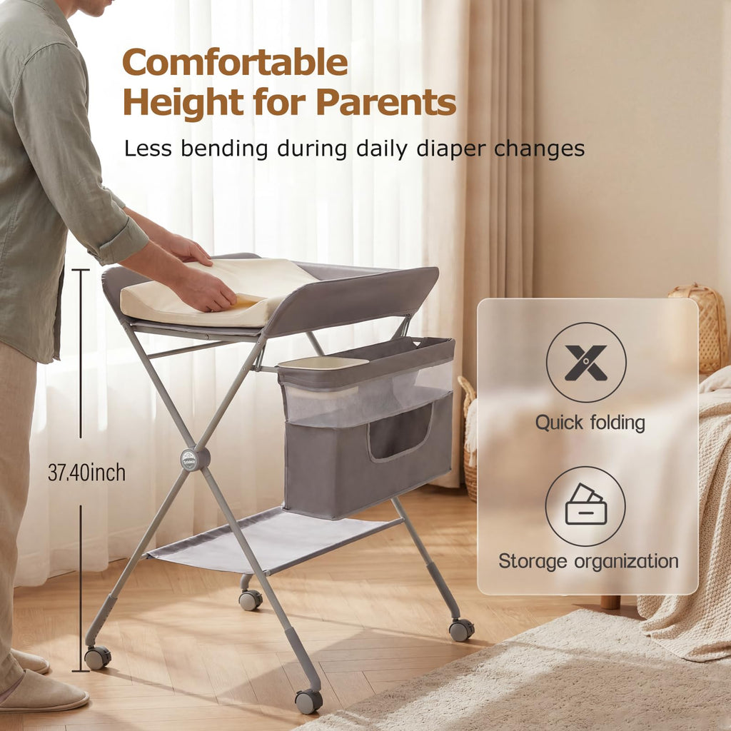 Baby Changing Table with Wheels, Portable Adjustable Folding Diaper Station with Storage O555