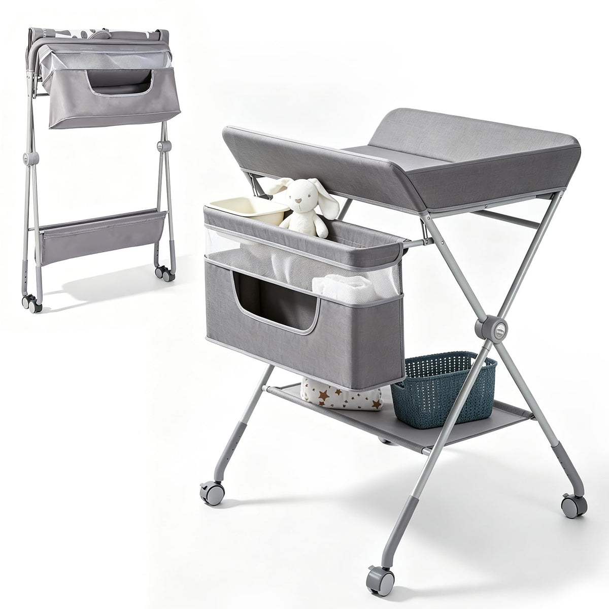 Baby Changing Table with Wheels, Portable Adjustable Folding Diaper Station with Storage O555