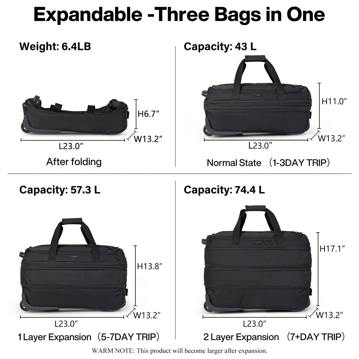 Expandable Carry On Luggage with Wheels Foldable Duffle Bag C39989