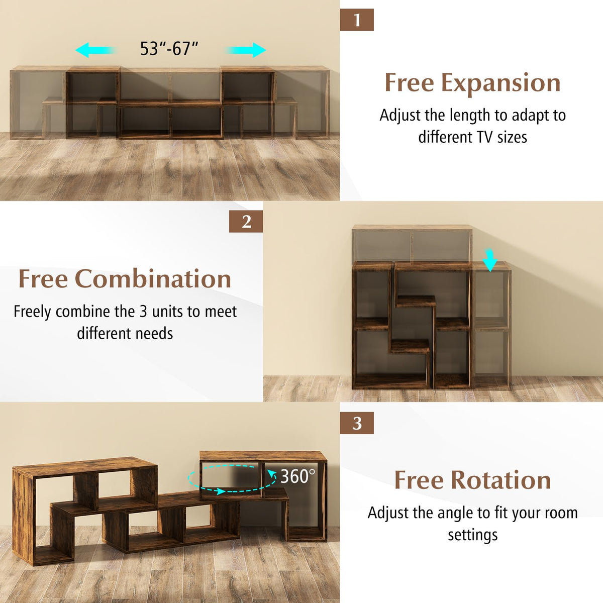 Brown 3-Piece TV Stand with Storage Cubes I42088
