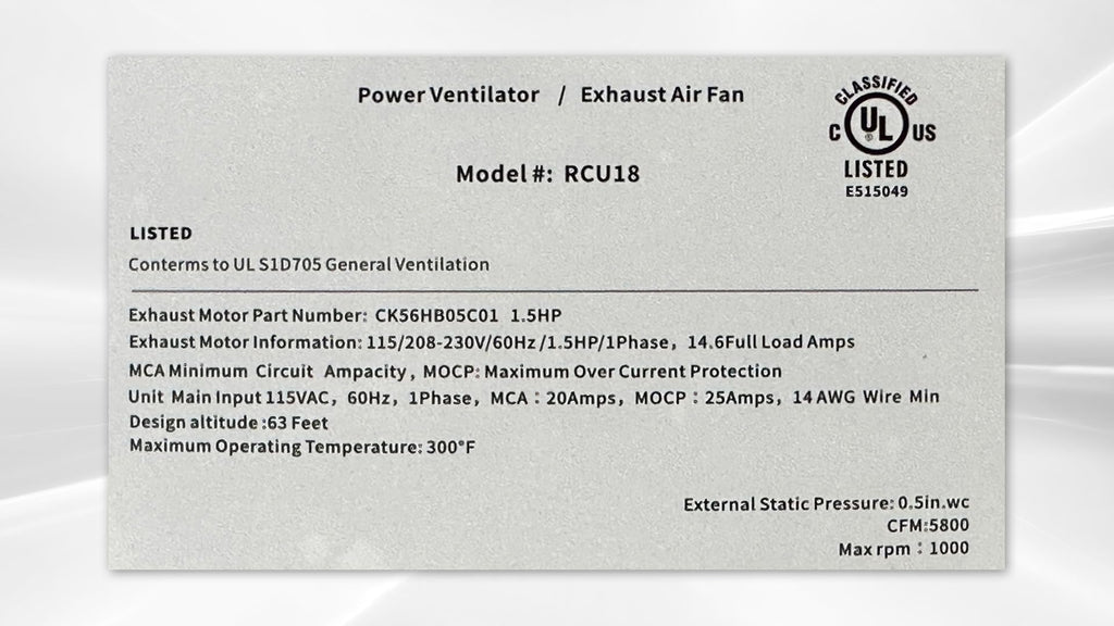 Commercial 1.5 HP Restaurant Exhaust Fan S514019
