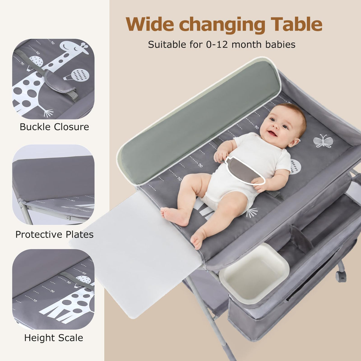 Baby Changing Table with Wheels, Portable Adjustable Folding Diaper Station with Storage O555