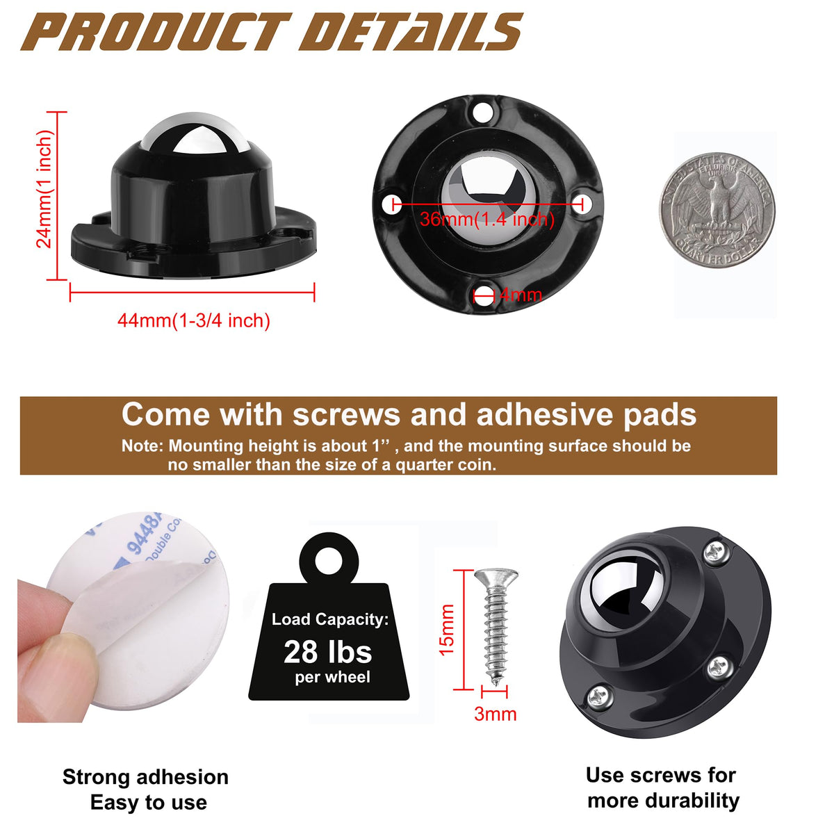 1 Inch Self Adhesive Caster Wheels, 8 Pack R8558
