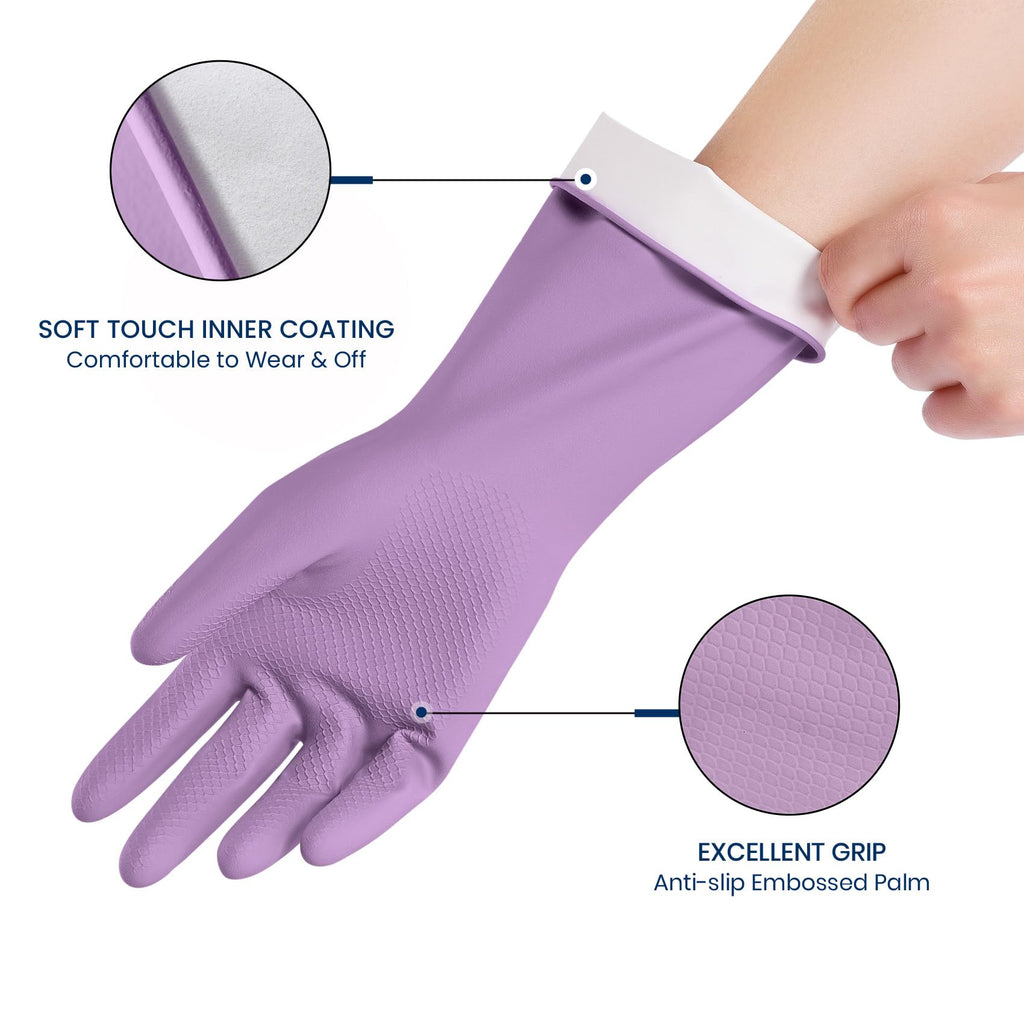 4 Pairs Reusable Rubber Cleaning Gloves with Flocked Lining and Non-Slip Grip H61787