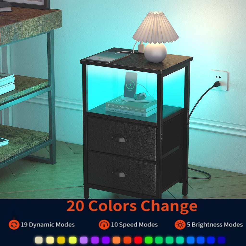 Black Nightstand with Charging Station and 2 Fabric Drawers Y298