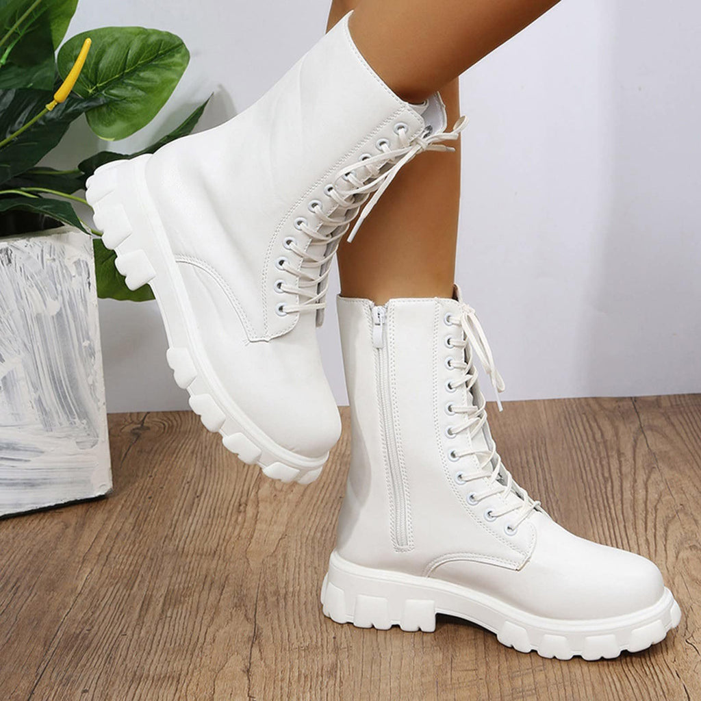 Women's Lace Up Chunky Mid Calf Boots S465
