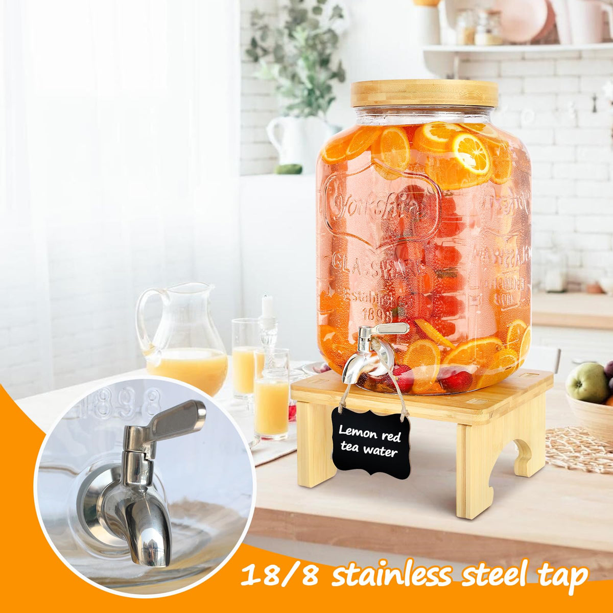 2 Gallon Glass Beverage Dispenser with Wood Stand S628