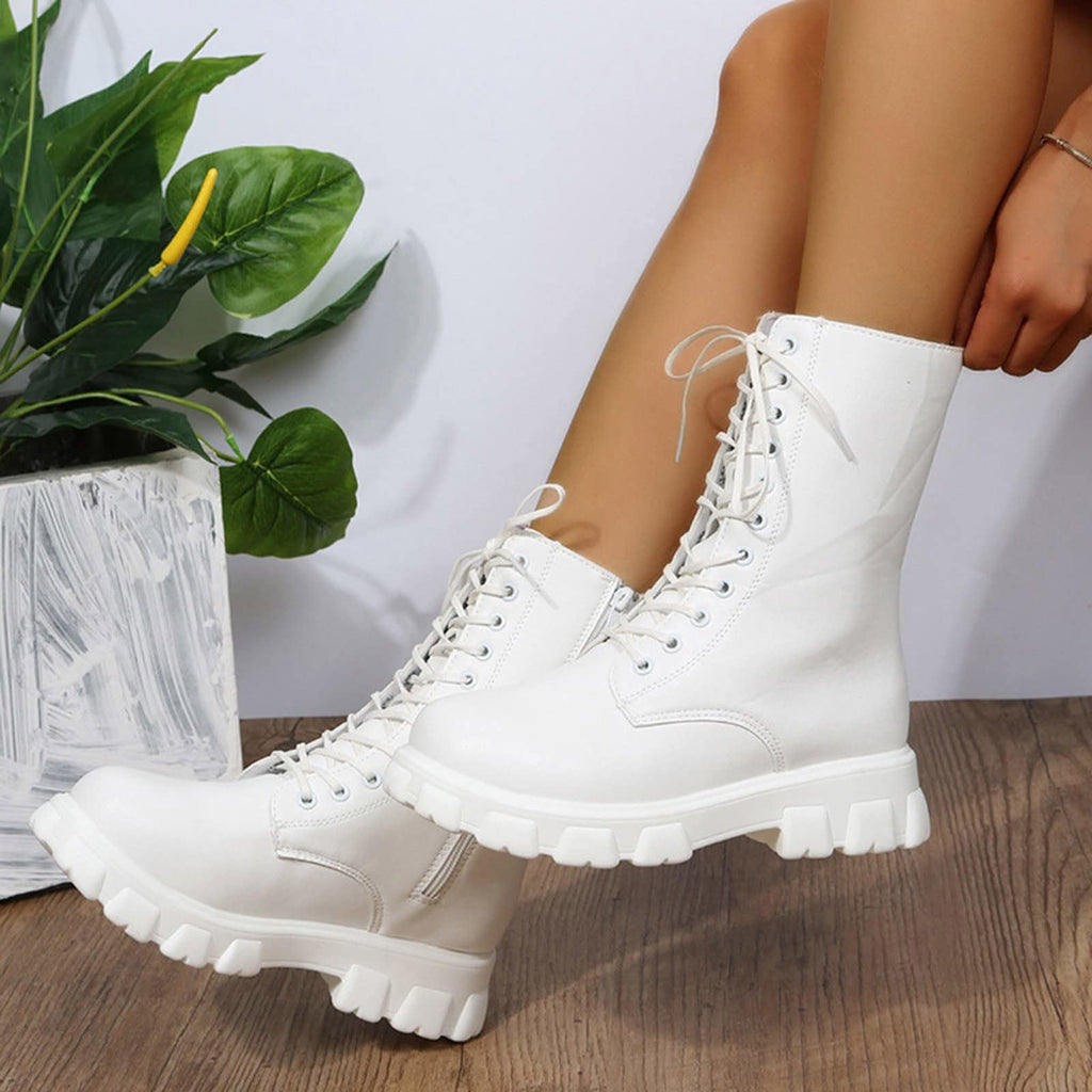 Women's Lace Up Chunky Mid Calf Boots S465