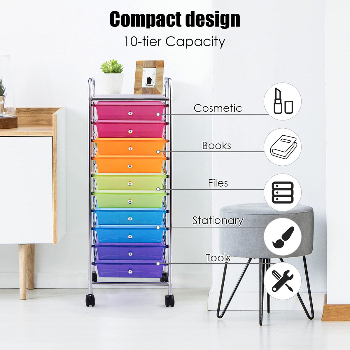 Rolling Storage Cart with 10 Drawers, Utility Cart with Wheels V76958