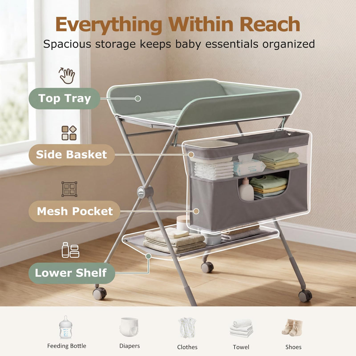 Baby Changing Table with Wheels, Portable Adjustable Folding Diaper Station with Storage O555