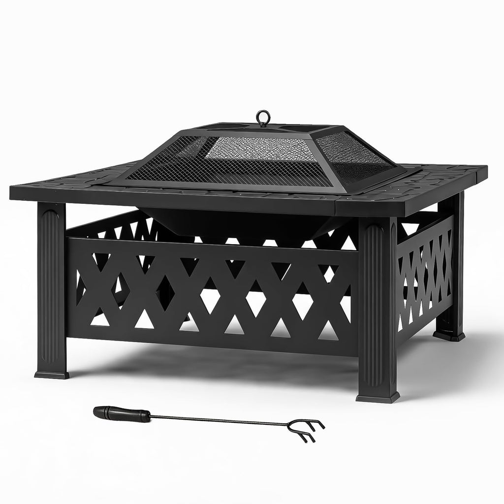 32 Inch Square Wood Burning Fire Pit Table with Spark Screen Lid and Fire Poker Q150046