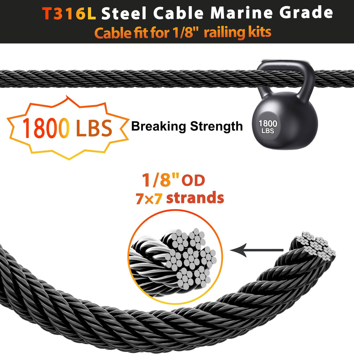 Black Stainless Steel Cable for Railing 220FT 1/8" T316 Wire Rope L8604