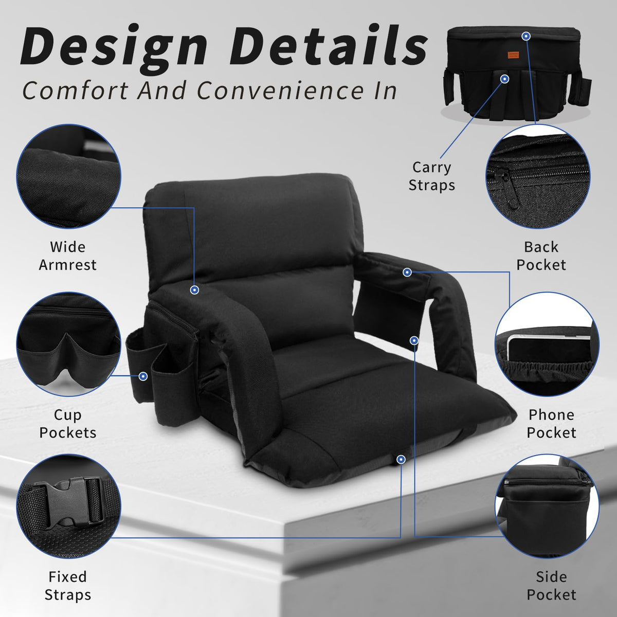 Black 25" Wide Stadium Seat with Back Support B158