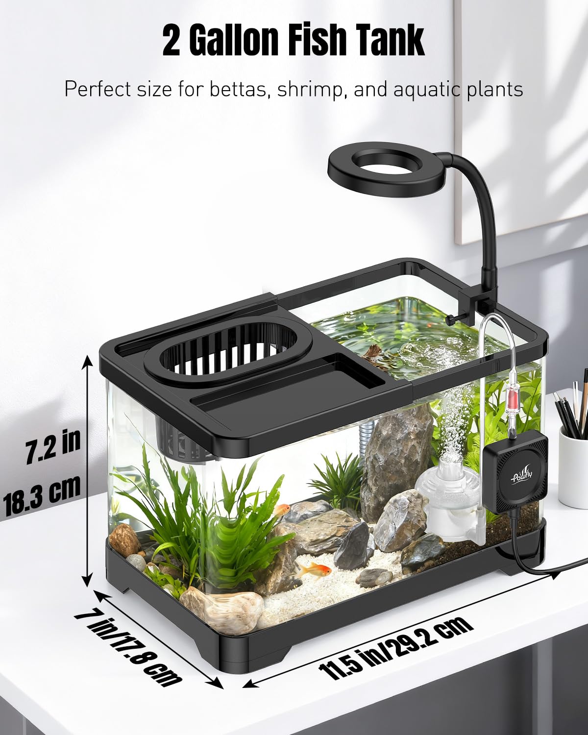 2 Gallon Ultra Clear Aquarium Starter Kit with LED Light, Air Pump, Filter K635