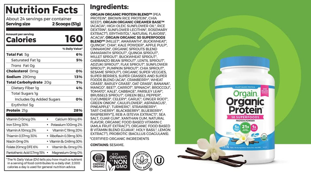 Organic Plant Based Protein Powder Vanilla Bean 2.74 Pound F1630