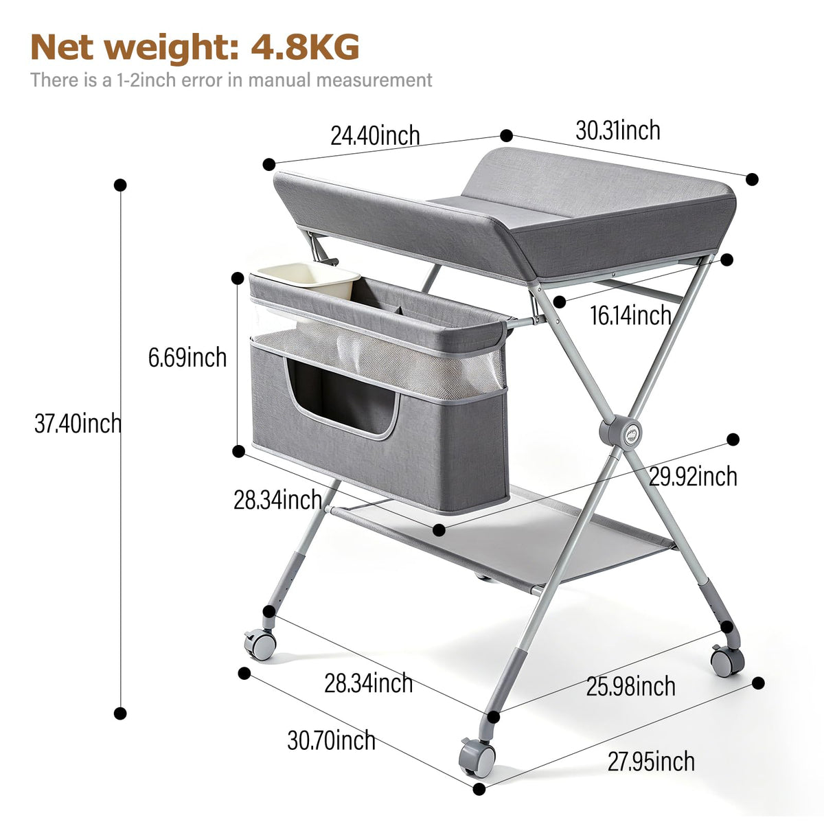 Baby Changing Table with Wheels, Portable Adjustable Folding Diaper Station with Storage O555