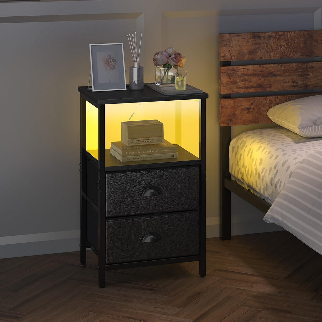 Black Nightstand with Charging Station and 2 Fabric Drawers Y298