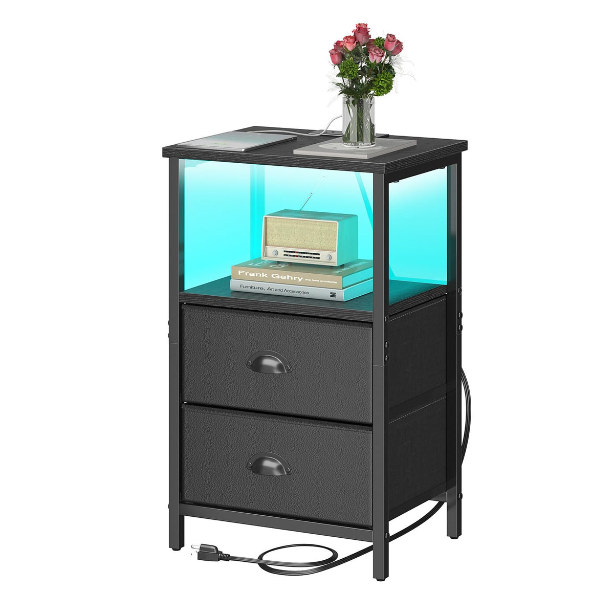 Black Nightstand with Charging Station and 2 Fabric Drawers Y298