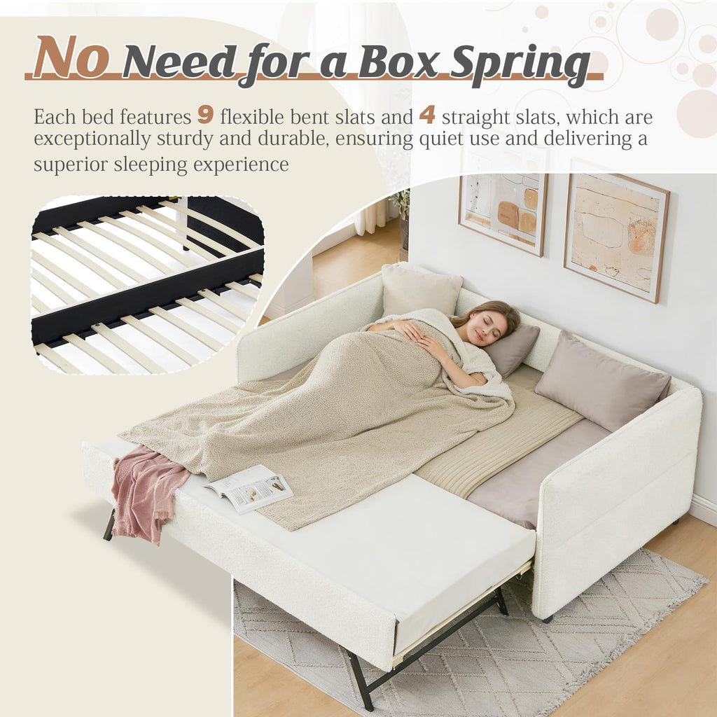 Twin Size Beige Boucle Upholstered Daybed with Trundle Z446