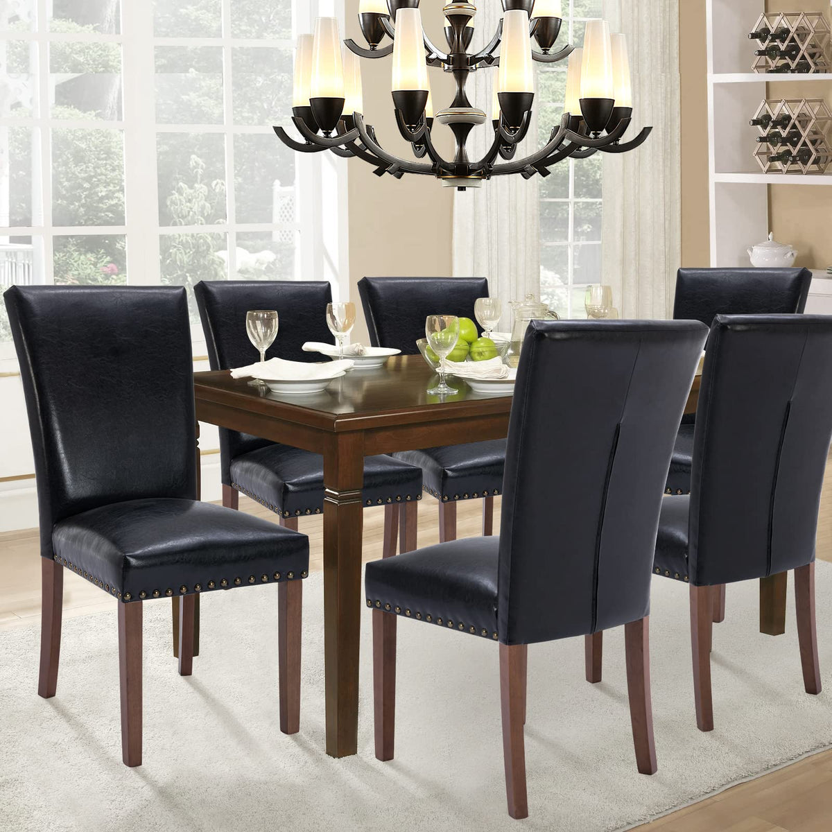 Black Upholstered Dining Chairs Set of 6 with Wood Legs V41692
