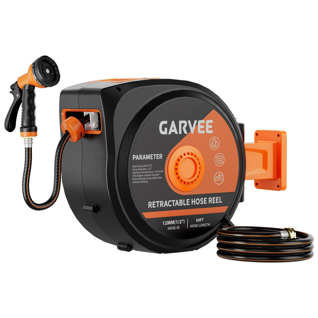 1/2 Inch x 50 ft Wall Mounted Garden Hose Reel with 10 Patterns Nozzle D1459