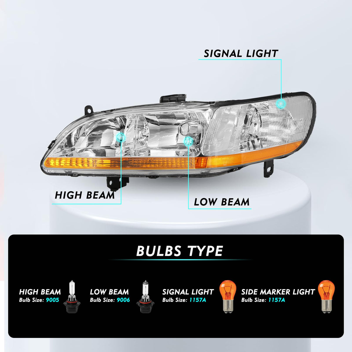 Headlight Assembly with Chrome Housing and Amber Reflector (L+R) A13116
