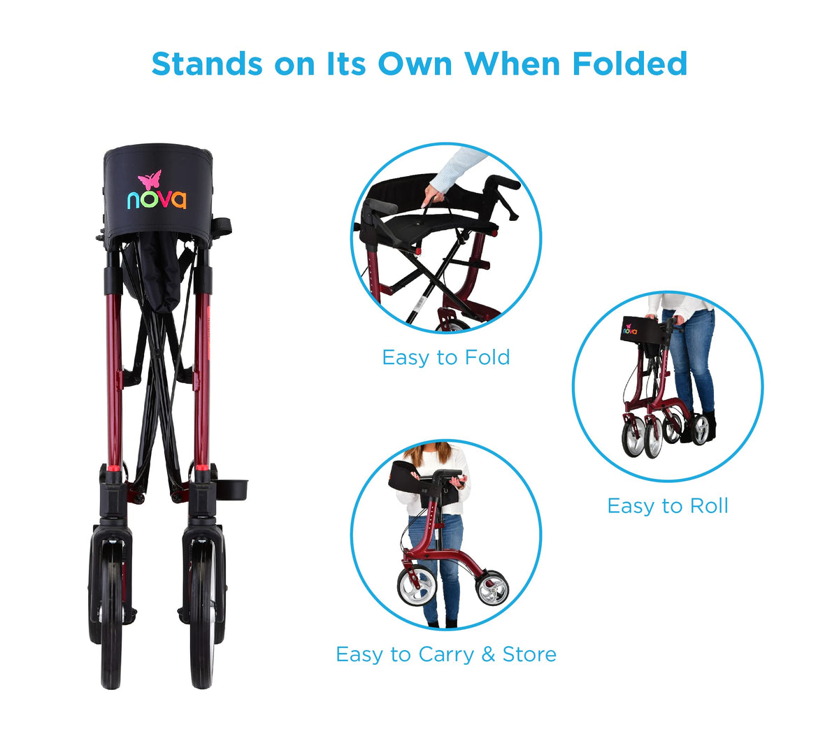 Red Compact Foldable Rollator Walker with Cane Holder Y931