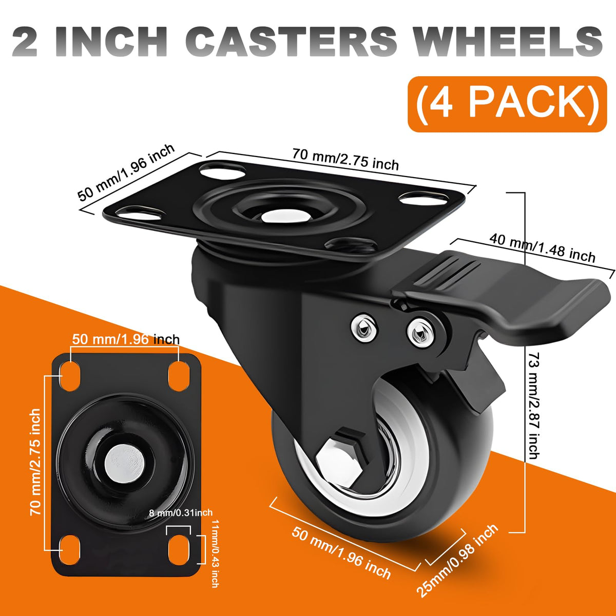 2 Inch Caster Wheel Set of 4 with Dual Brake T9183