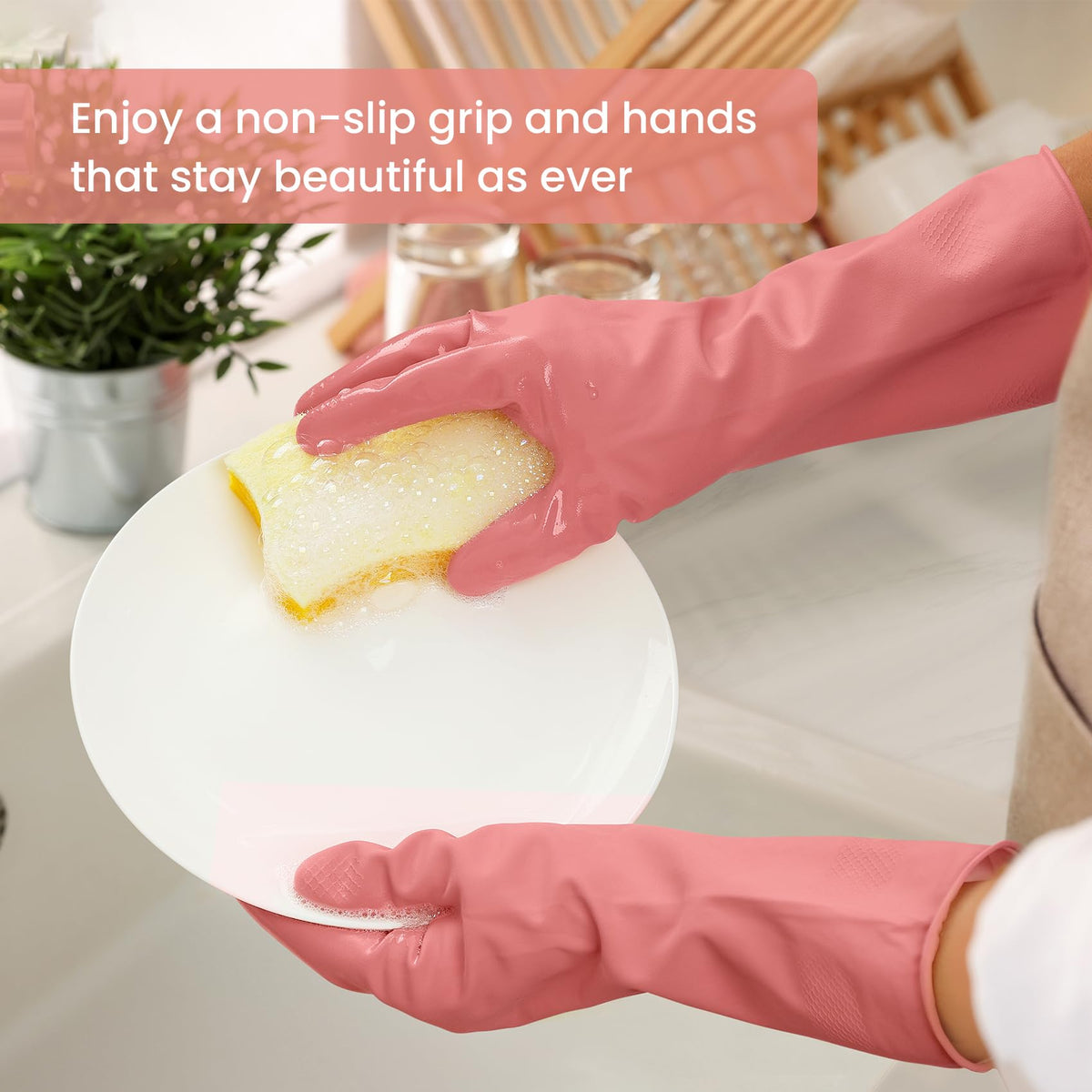 4 Pairs Reusable Rubber Cleaning Gloves with Flocked Lining and Non-Slip Grip H61787