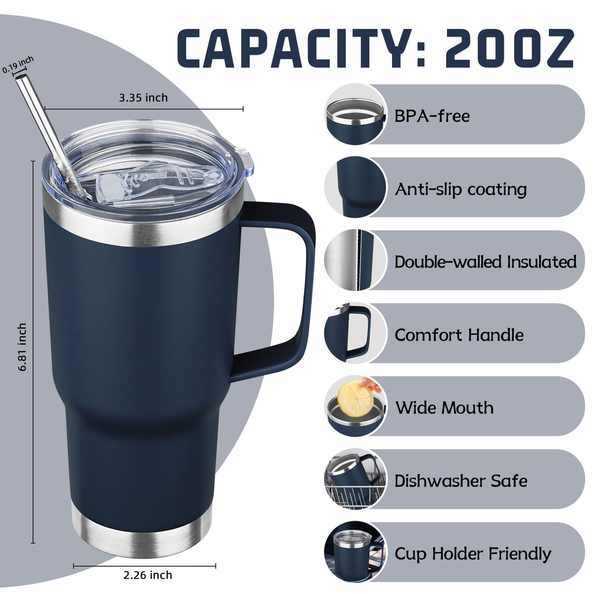 20 oz Stainless Steel Insulated Tumbler with Handle Lid and Straw G6210