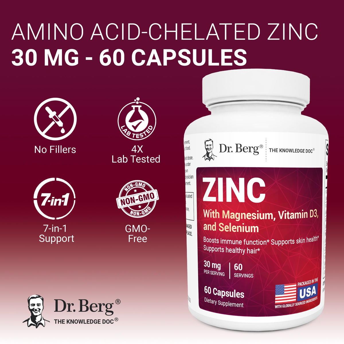 Zinc 30 mg 60 Capsules Chelated with Vitamin D & Selenium U3050