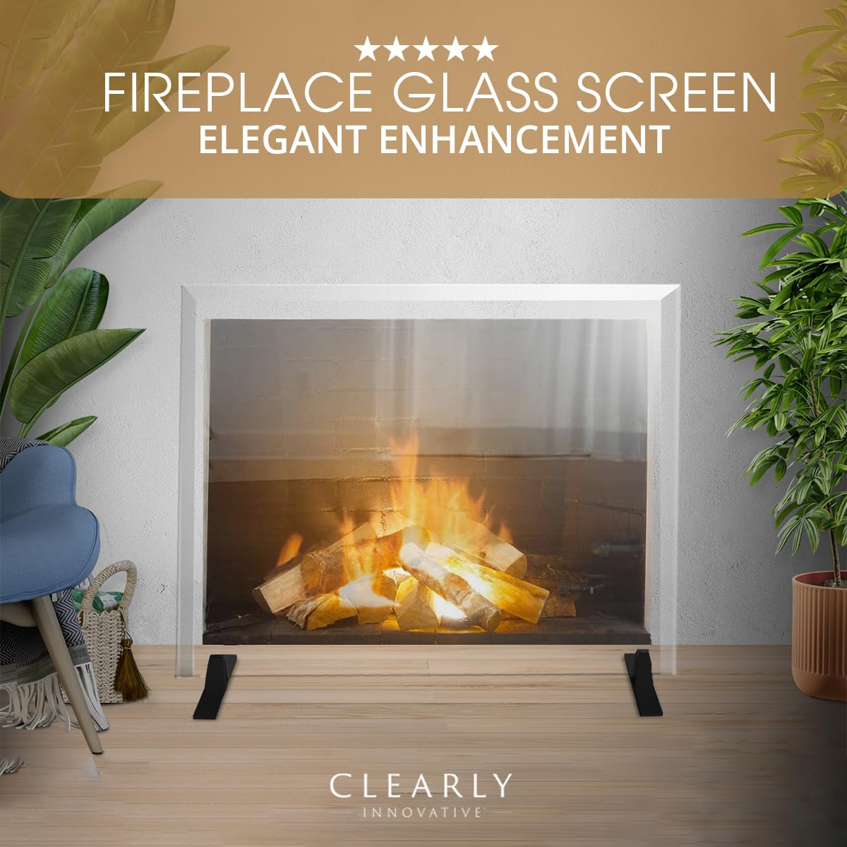 Tempered Glass Fireplace Screen, 33" x 46", Black Base O43938
