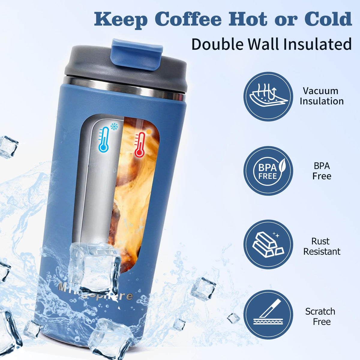 16oz Insulated Stainless Steel Coffee Cup with Flip Lid, Blue F824068