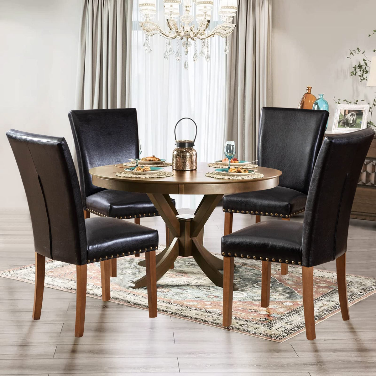 Black Upholstered Dining Chairs Set of 6 with Wood Legs V41692