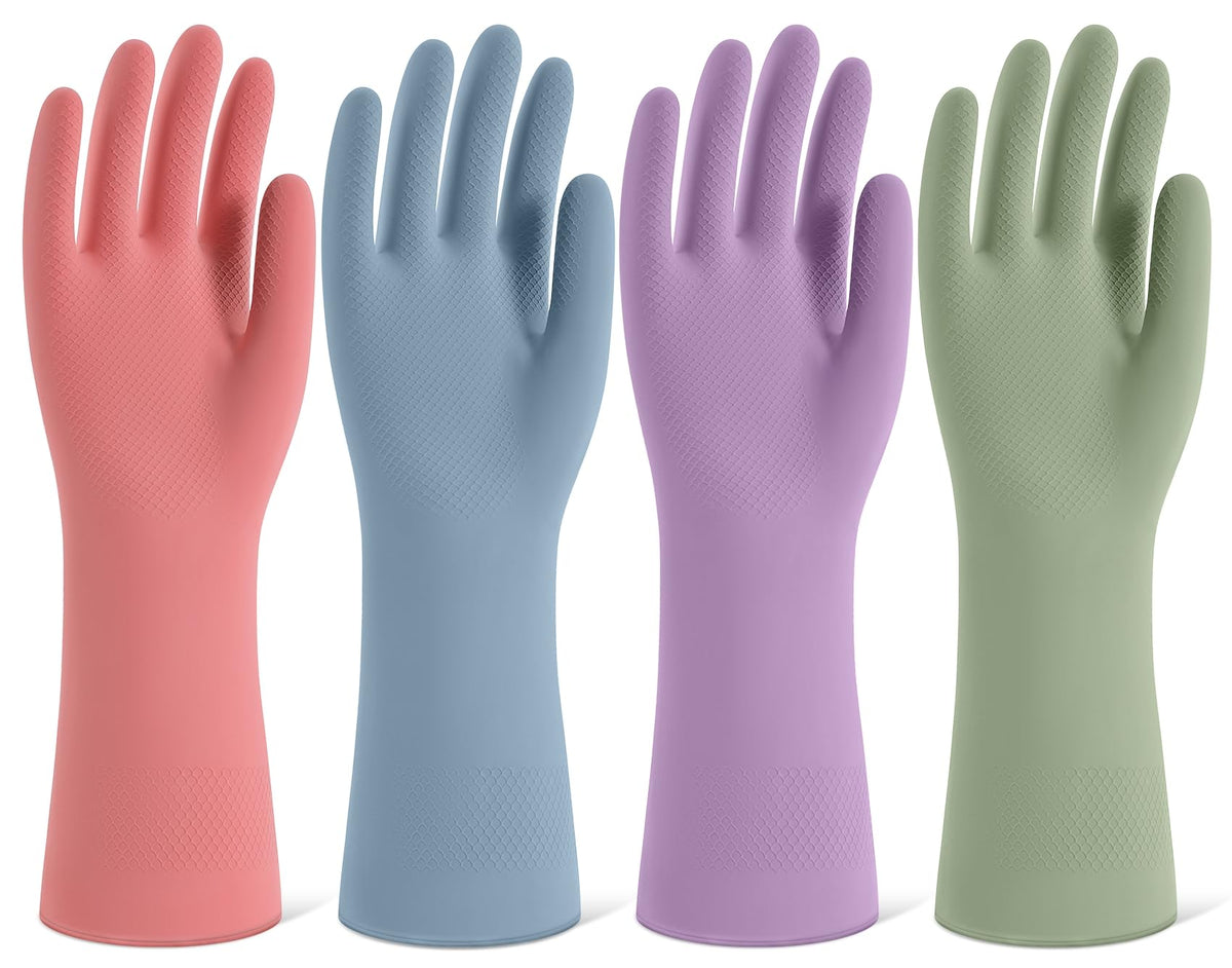4 Pairs Reusable Rubber Cleaning Gloves with Flocked Lining and Non-Slip Grip H61787