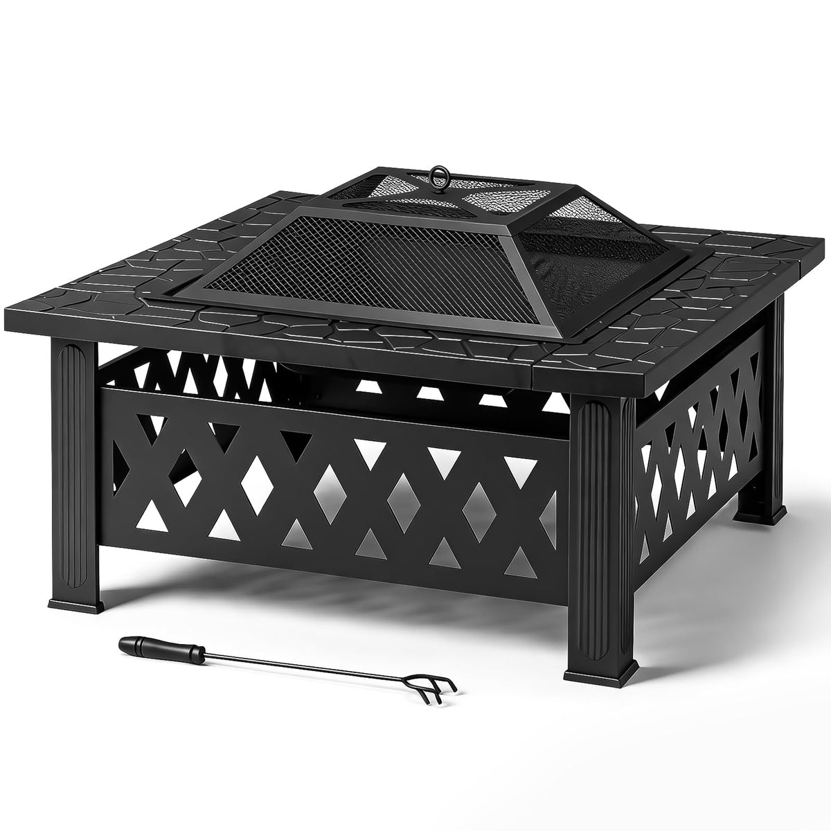 32 Inch Square Wood Burning Fire Pit Table with Spark Screen Lid and Fire Poker Q150046