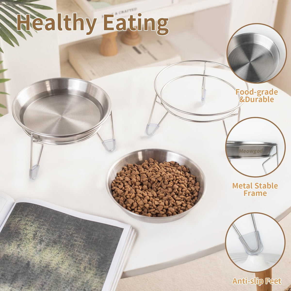 6.7" Elevated Stainless Steel Cat Bowls with Anti-Slip Stand N988