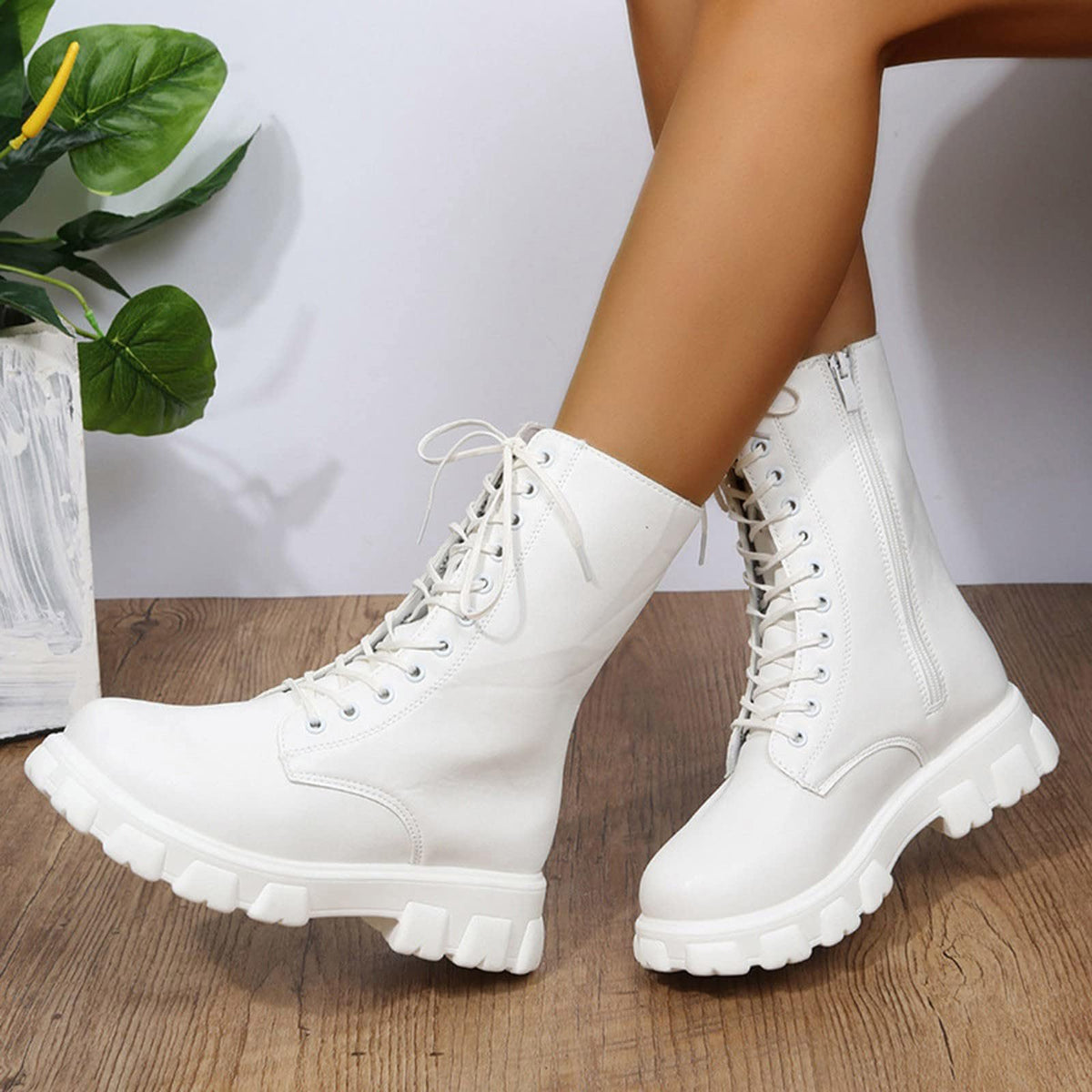 Women's Lace Up Chunky Mid Calf Boots S465