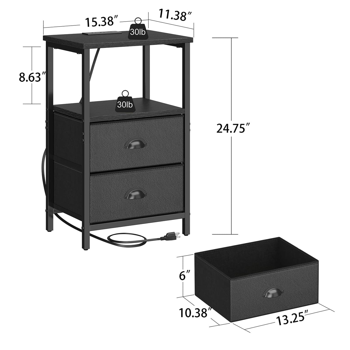Black Nightstand with Charging Station and 2 Fabric Drawers Y298