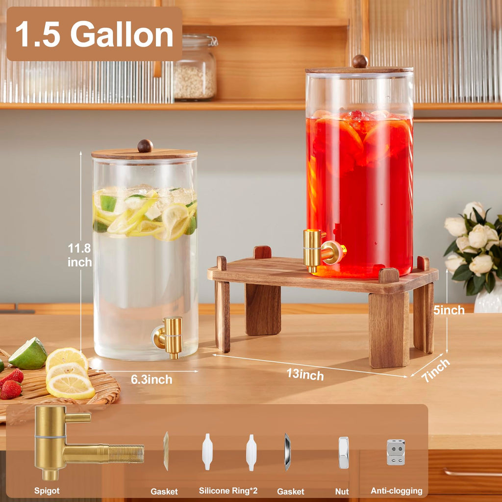 2pcs 1.5 Gallon Glass Drink Dispenser with Wood Stand S649638