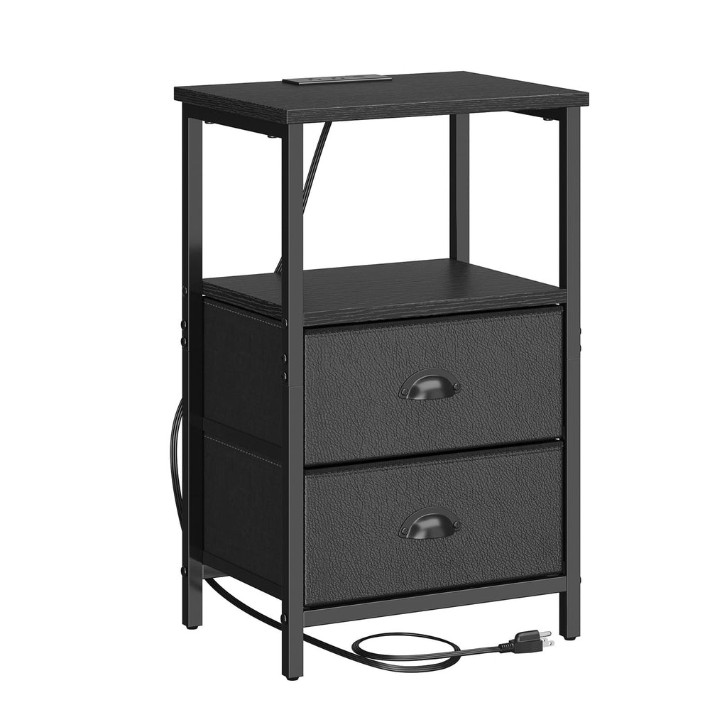 Black Nightstand with Charging Station and 2 Fabric Drawers Y298